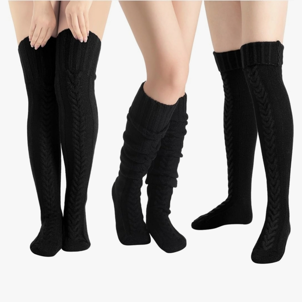 Black Over-the-Knee Cable Knit Socks